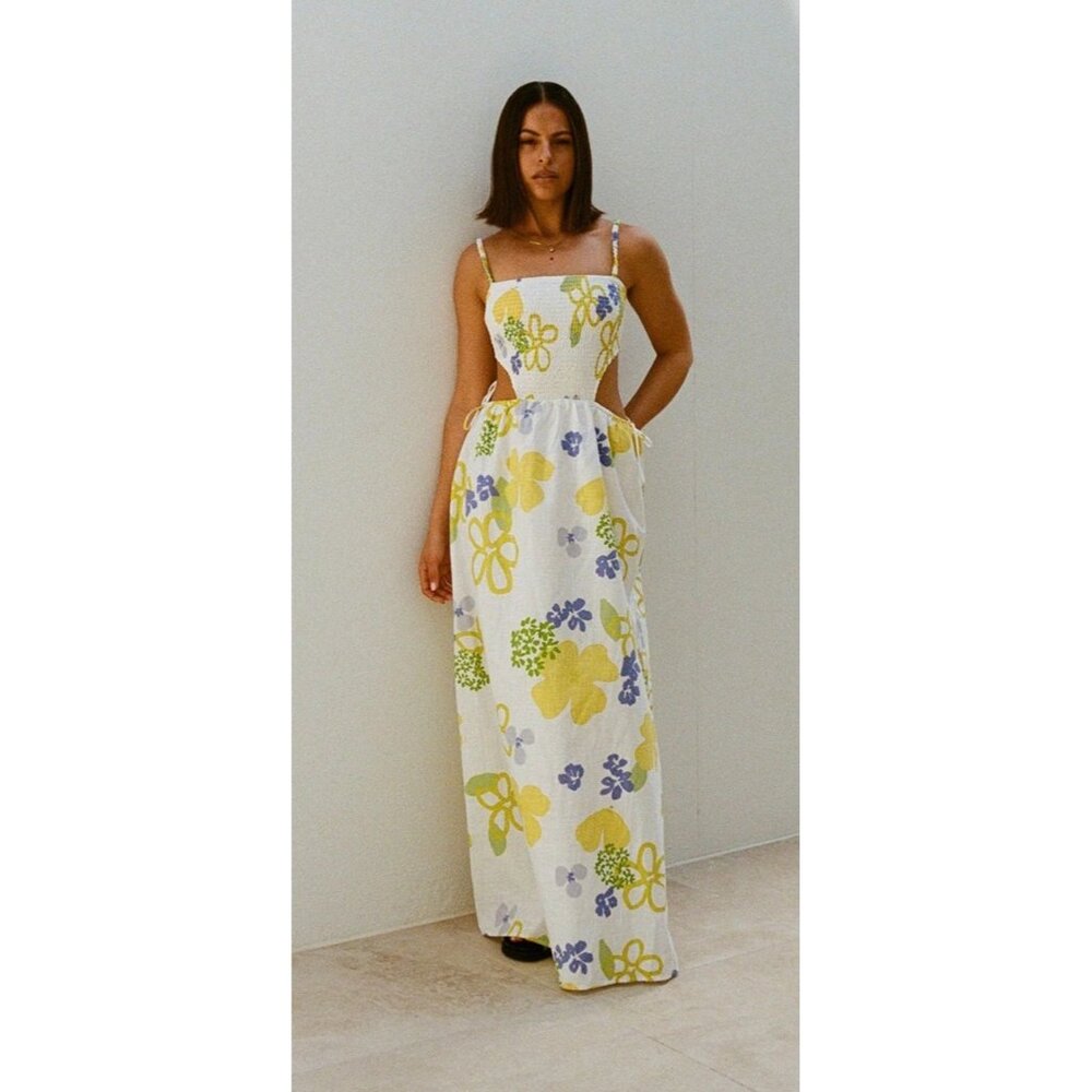 Sabo Backless Axelle Cotton Floral Ruched Maxi Cotton Dress White Large NEW